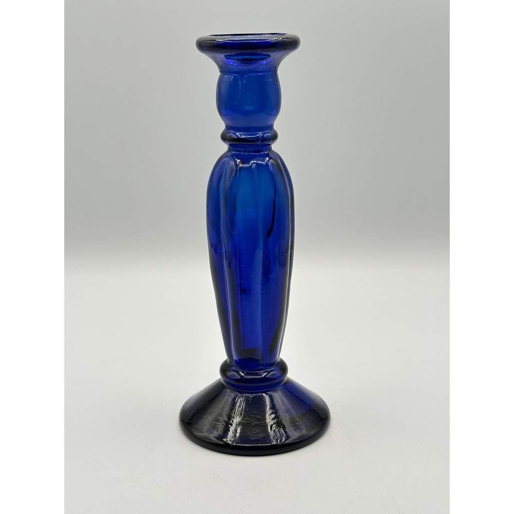 Vintage Cobalt Blue Glass Candlestick Holder 9 Inch Ribbed Taper Candle Stand